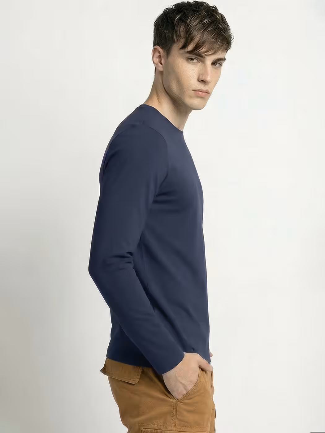 Men's Plain Navy Blue Full Sleeve Round Neck T-Shirt 3