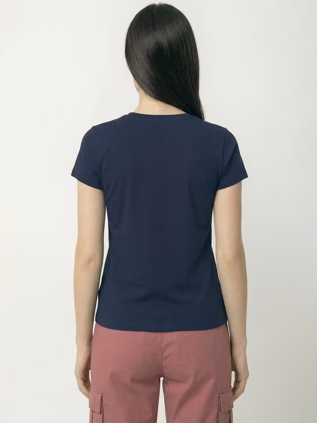 Women's Plain Navy Blue Half Sleeve Round Neck T-Shirt 2