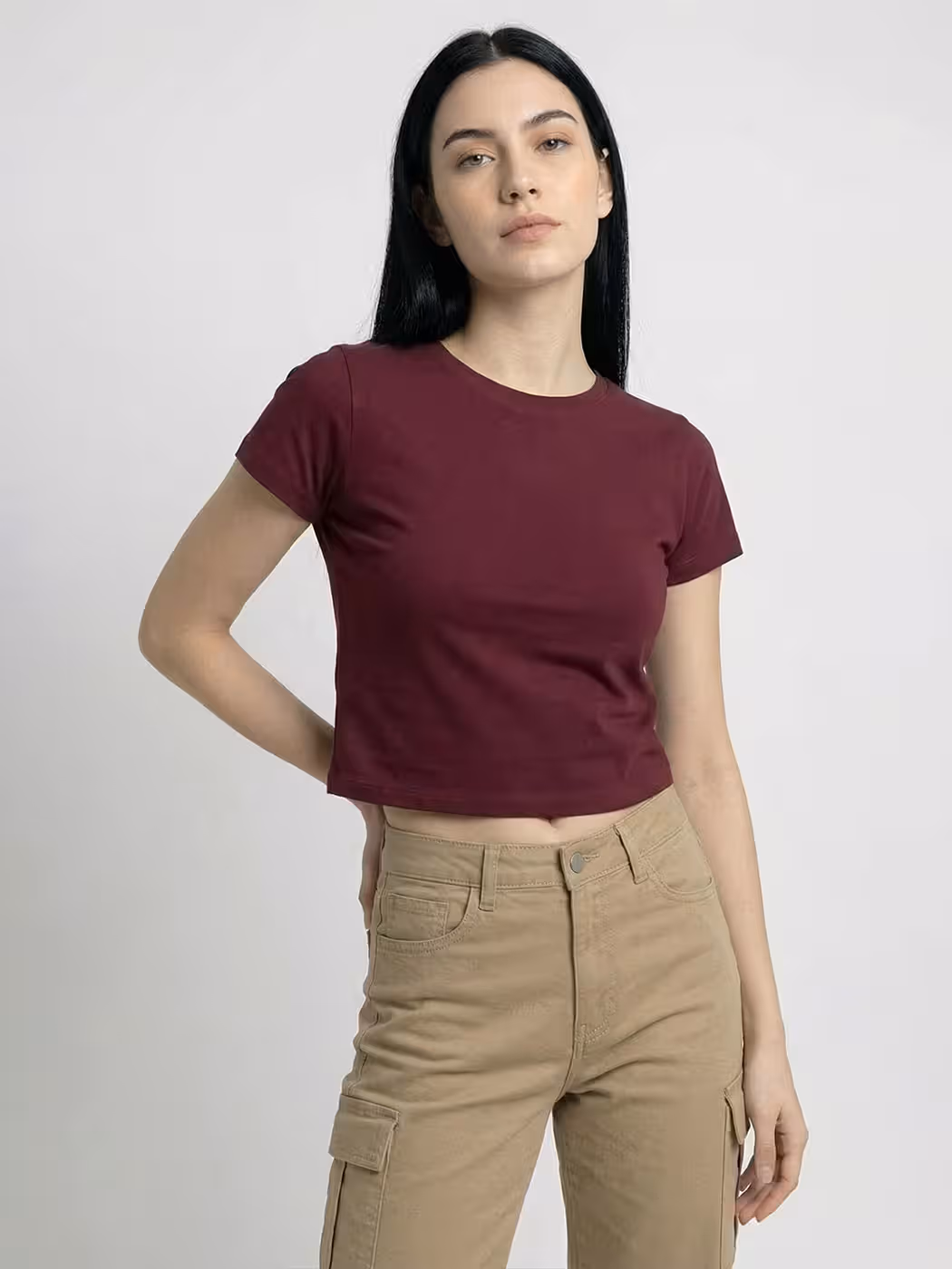 Women's Plain Maroon Half Sleeve Crop Top 5