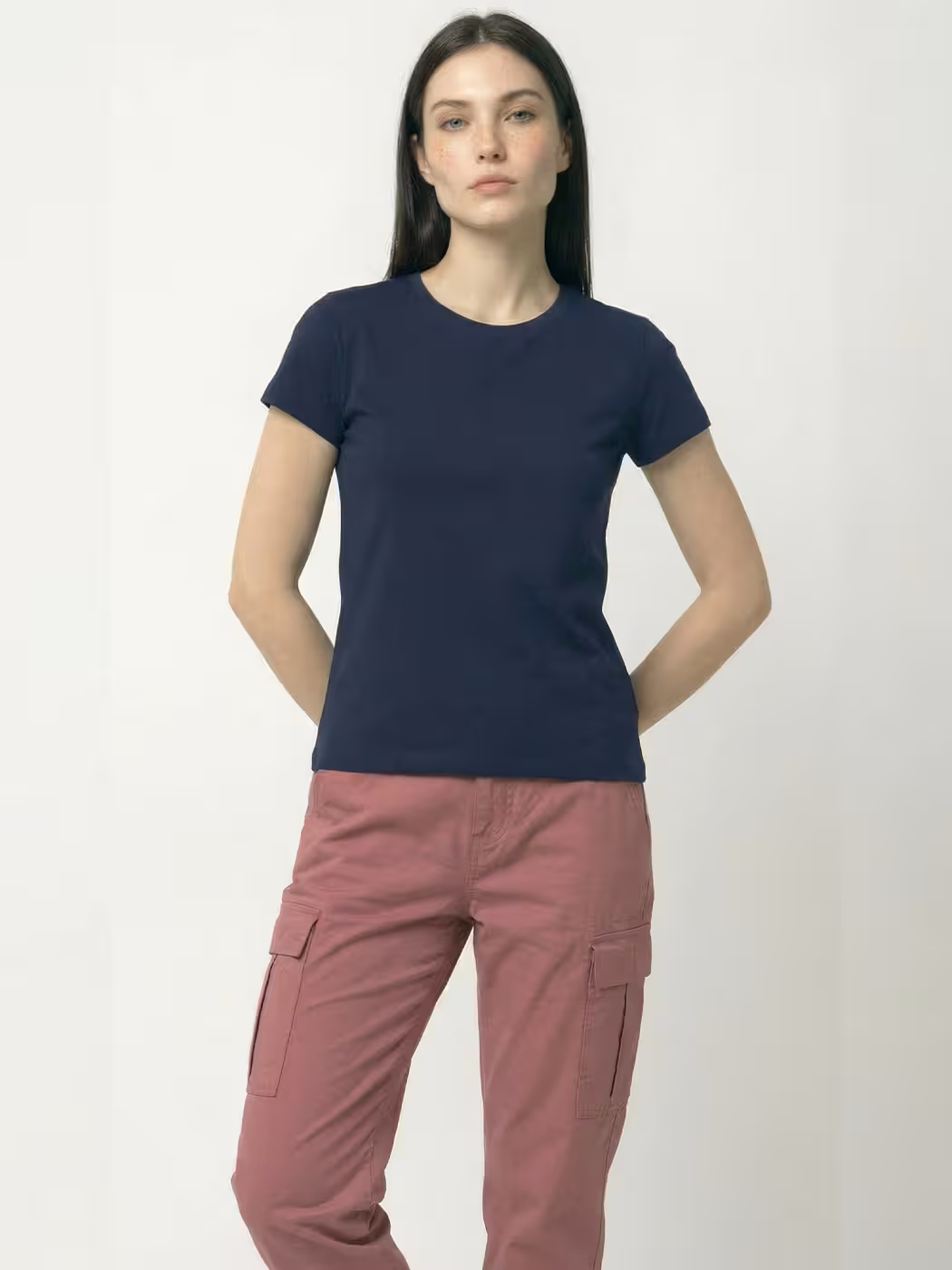 Women's Plain Navy Blue Half Sleeve Round Neck T-Shirt 5
