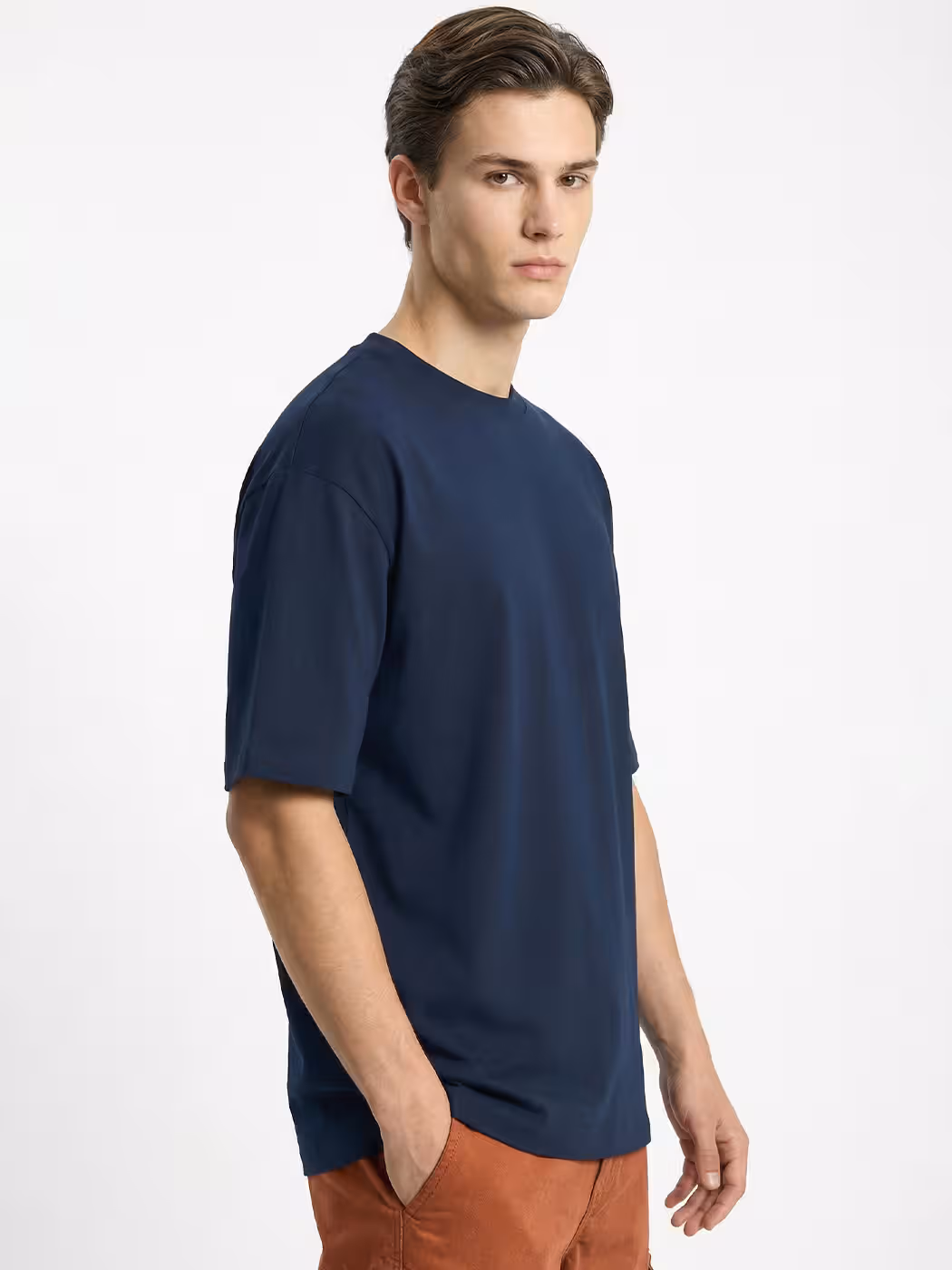 Men's Plain Navy Blue Round Neck Oversized T-Shirt 3