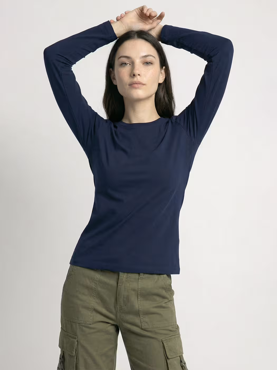 Women's Plain Navy Blue Full Sleeve Round Neck T-Shirt 5