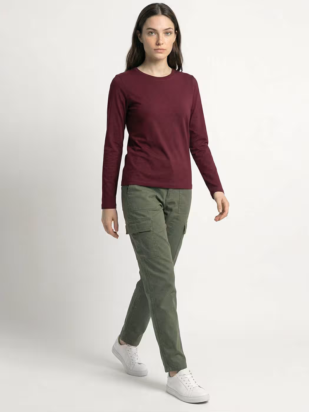 Women's Plain Maroon Full Sleeve Round Neck T-Shirt 4