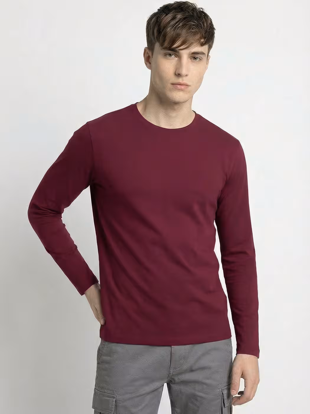 Men's Plain Maroon Full Sleeve Round Neck T-Shirt 2